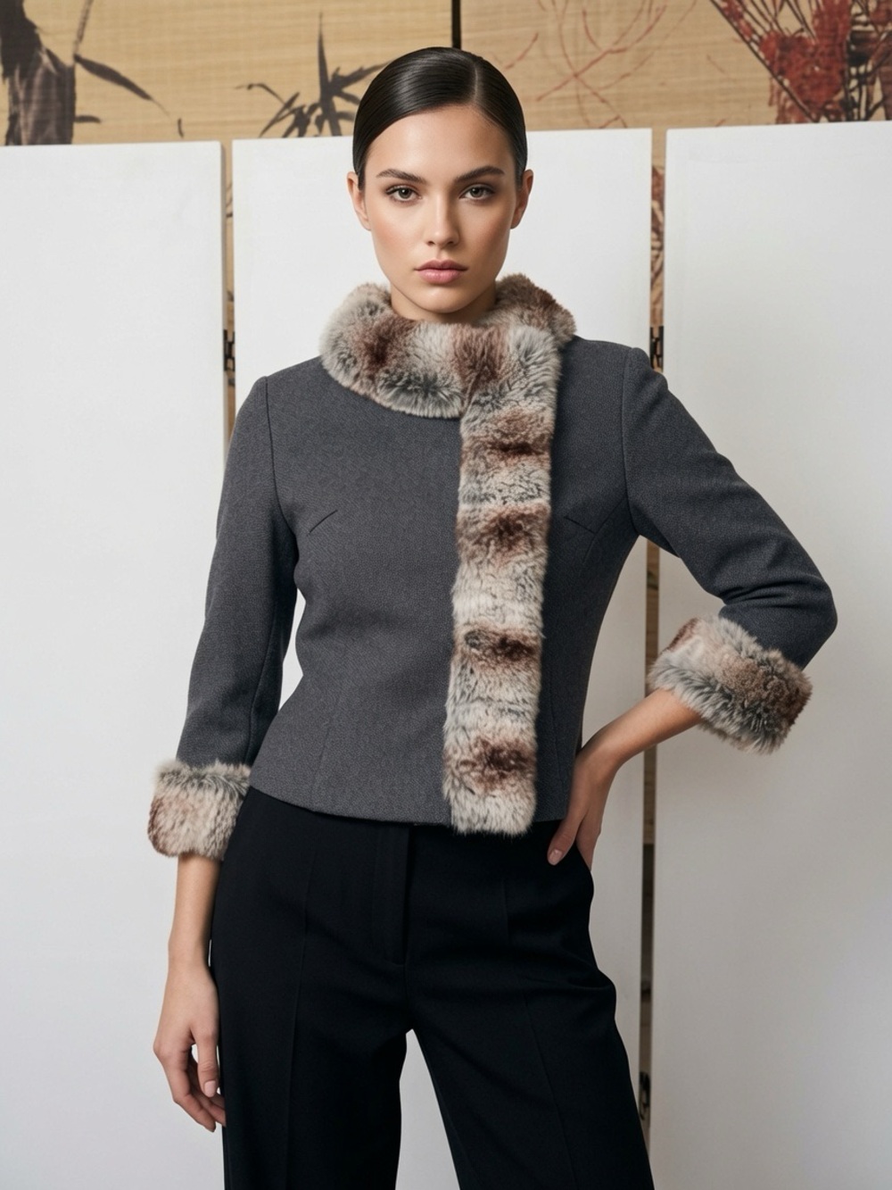 Vintage Jack Feit Lord & Taylor Cropped 3/4 Sleeve Winter Coat Fur Cuffs Collar